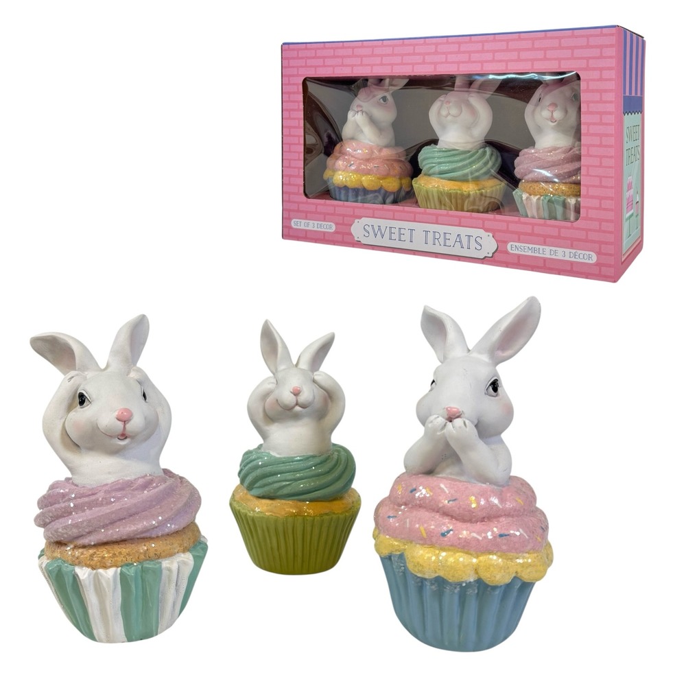Sweet Treats Easter Bunny Cupcakes Figurines Set of 3 See Pastel Rabbit New